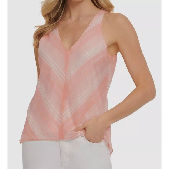 NWT NEW DKNY Lurex Striped Chevron Tank Top sz L V-Neck Shirt Large - Picture 1 of 2
